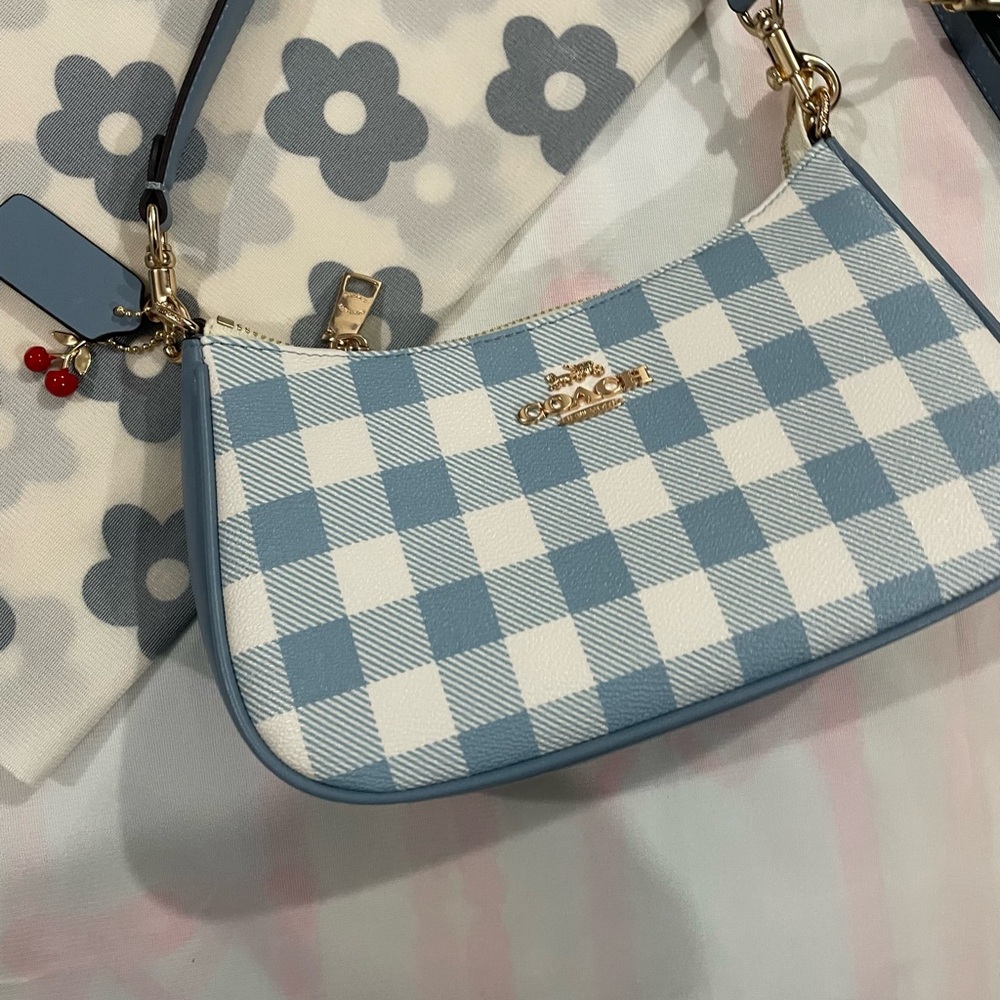 Coach Blue and White Gingham Shoulder Bag with Gold Hardware - Picture 3 of 9